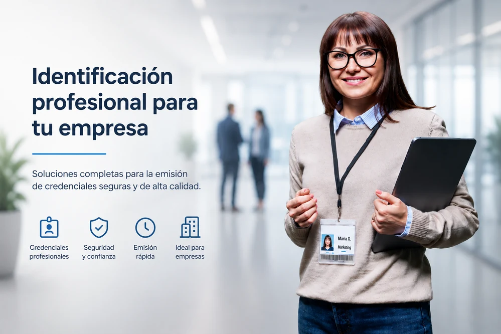 Trabajadora con su fotocheck de empresa colgado al cuello en oficina