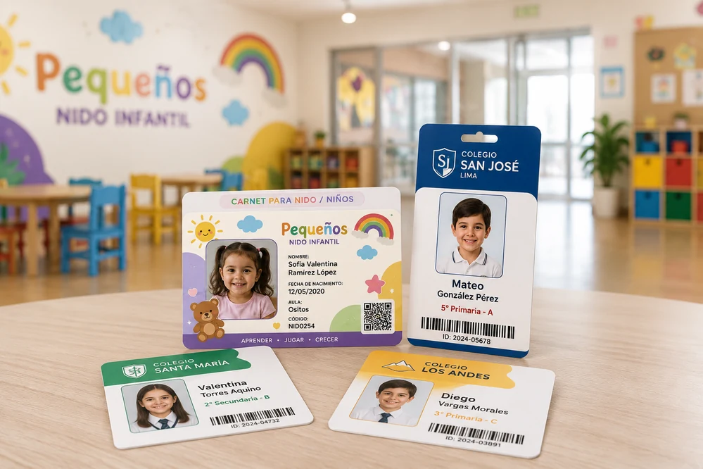 Fotochecks escolares para colegios y nidos: credenciales de alumnos con foto, nombre y código QR