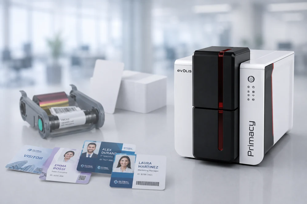 Impresora Evolis Primacy 2 imprimiendo fotochecks PVC a color